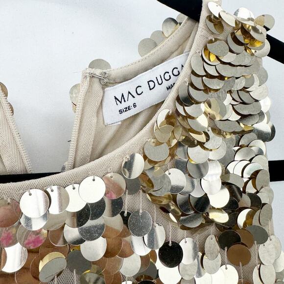 Mac Duggal Sleeveless Disc Sequin Trapeze Mini Dress Gold Size 6 NWT - Picture 10 of 12